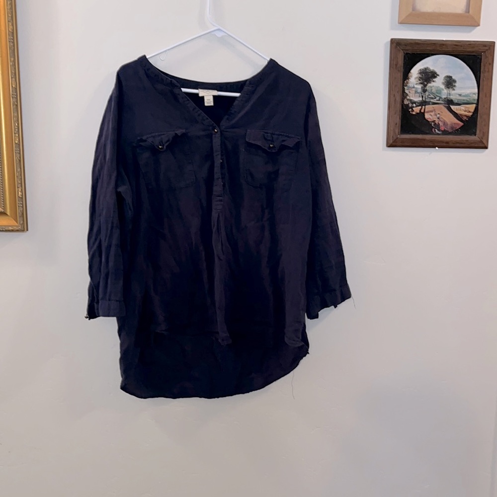 Women’s Long Sleeved Blouse, Dark Blue, Buttons Down to about Mid-Chest